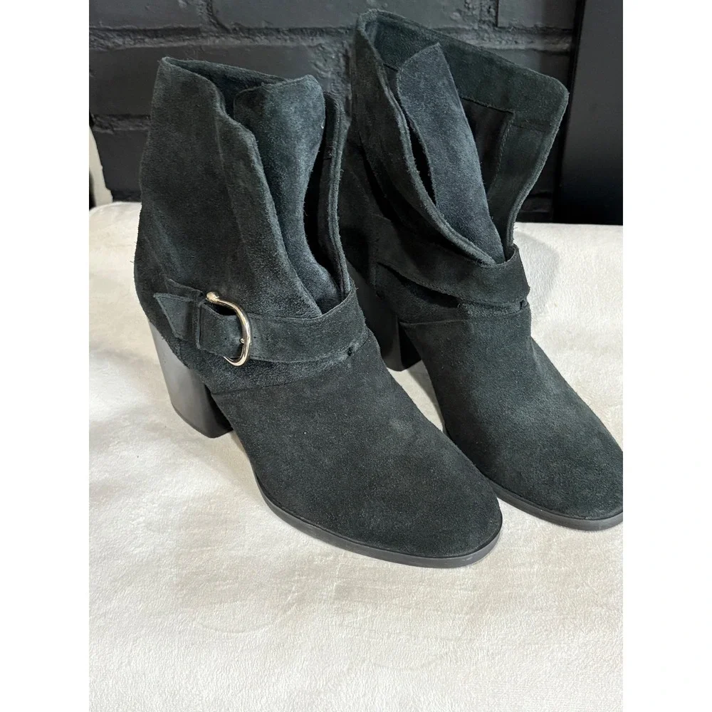 Isola Black Suede Buckle Ankle Boots Block Heel Slouchy Booties Womens Size 9M